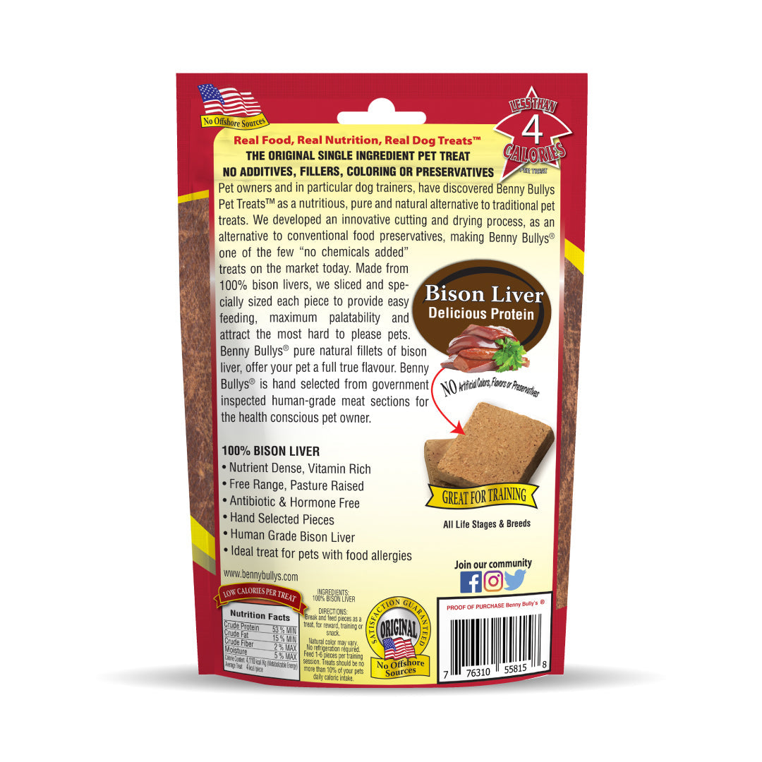 back facing for red and brown bag of made in canada freeze dried dog treats weighing 60g with an image of pure bison liver