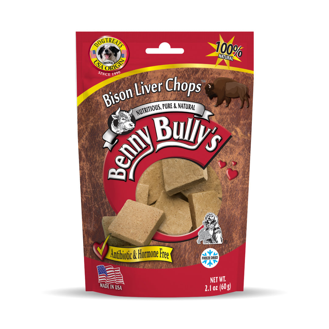 red and brown bag with a bison image for made in usa freeze dried dog treats weighing 60g