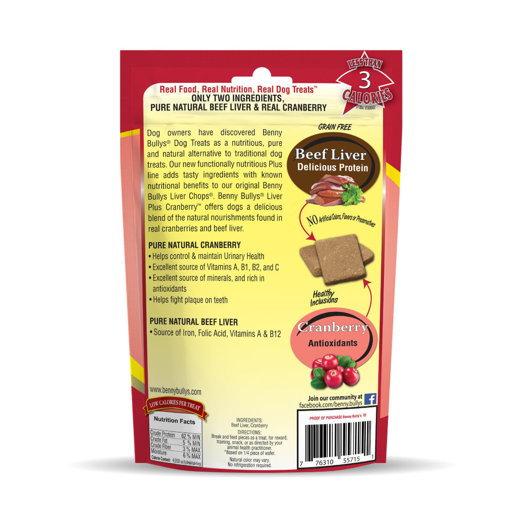 back face of red and pink pouch of dog treats with images of beef liver and real cranberry