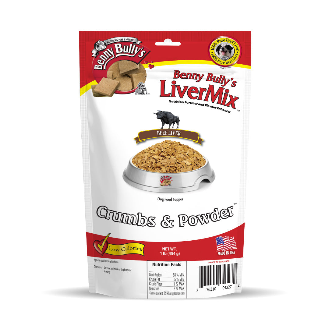 white and red bag of beef liver crumbs and powder