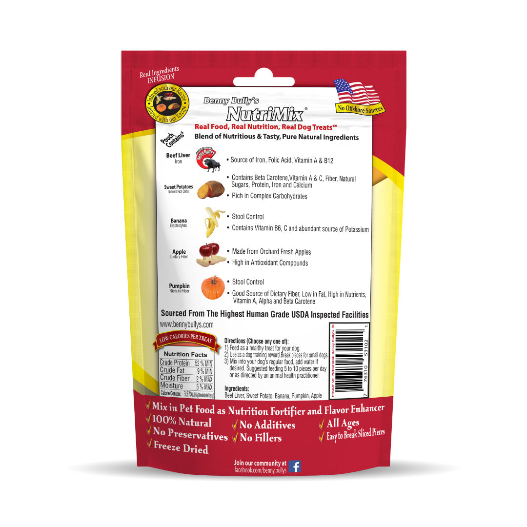 back face of red and yellow 1200g bag of dog treats and topper with images of the ingredients real pumpkin, banana, apples and sweet potato