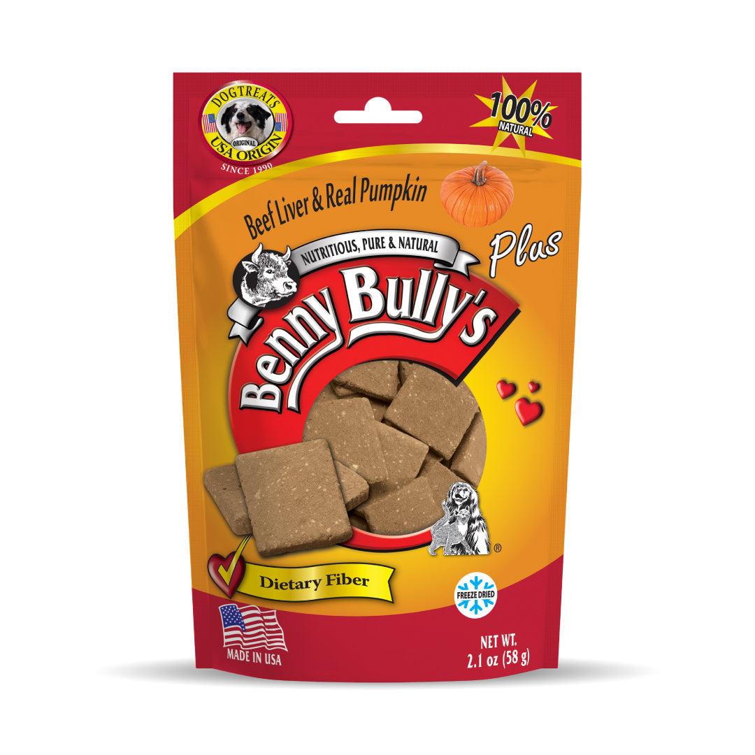 red and orange pouch of dog treats with an image of real pumpkin and pieces of beef liver and pumpkin treats on the side