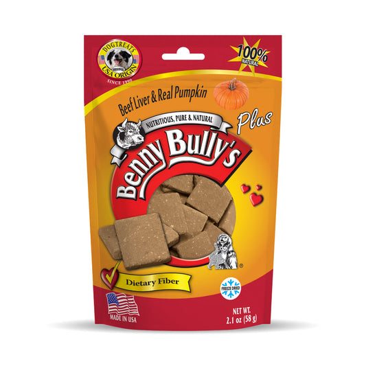 red and orange pouch of dog treats with an image of real pumpkin and pieces of beef liver and pumpkin treats on the side