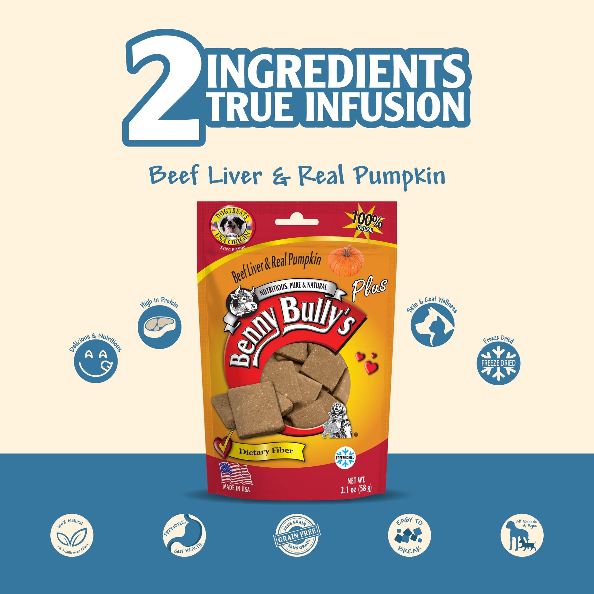 beef liver and real pumpkin dog treats pouch on a beige blue background indicating the treats are good for dog's gut health