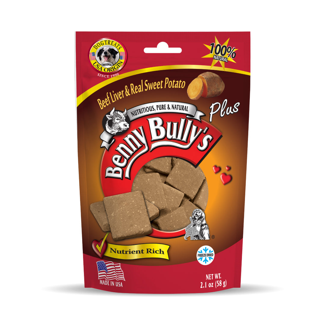 red and brown pouch of dog treats with pieces of beef liver and sweet potato on the side