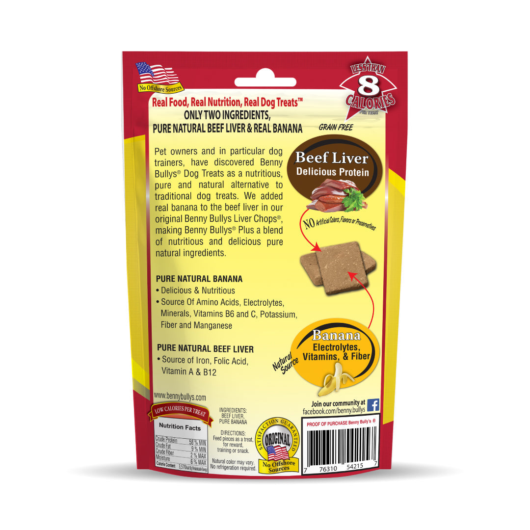 back side of beef liver and banana dog treats with the image of real banana and beef liver pieces