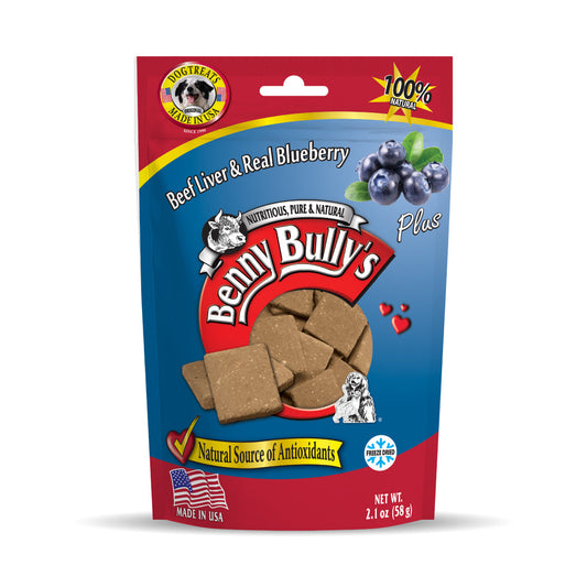 red and blue pouch of beef liver and blueberry dog treats with pieces on the side