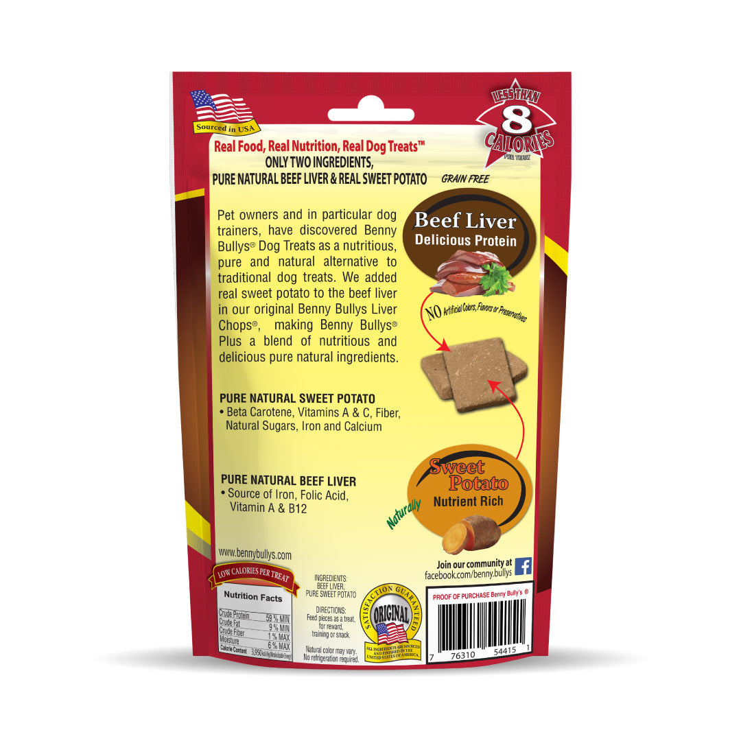 back face of a brown and red dog treats pouch listing benefits of the two ingredients and images of beef liver and real sweet potato